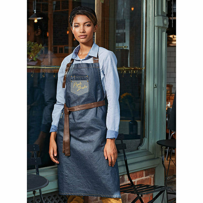Division Waxed-Look Denim Bib Apron With Faux Leather